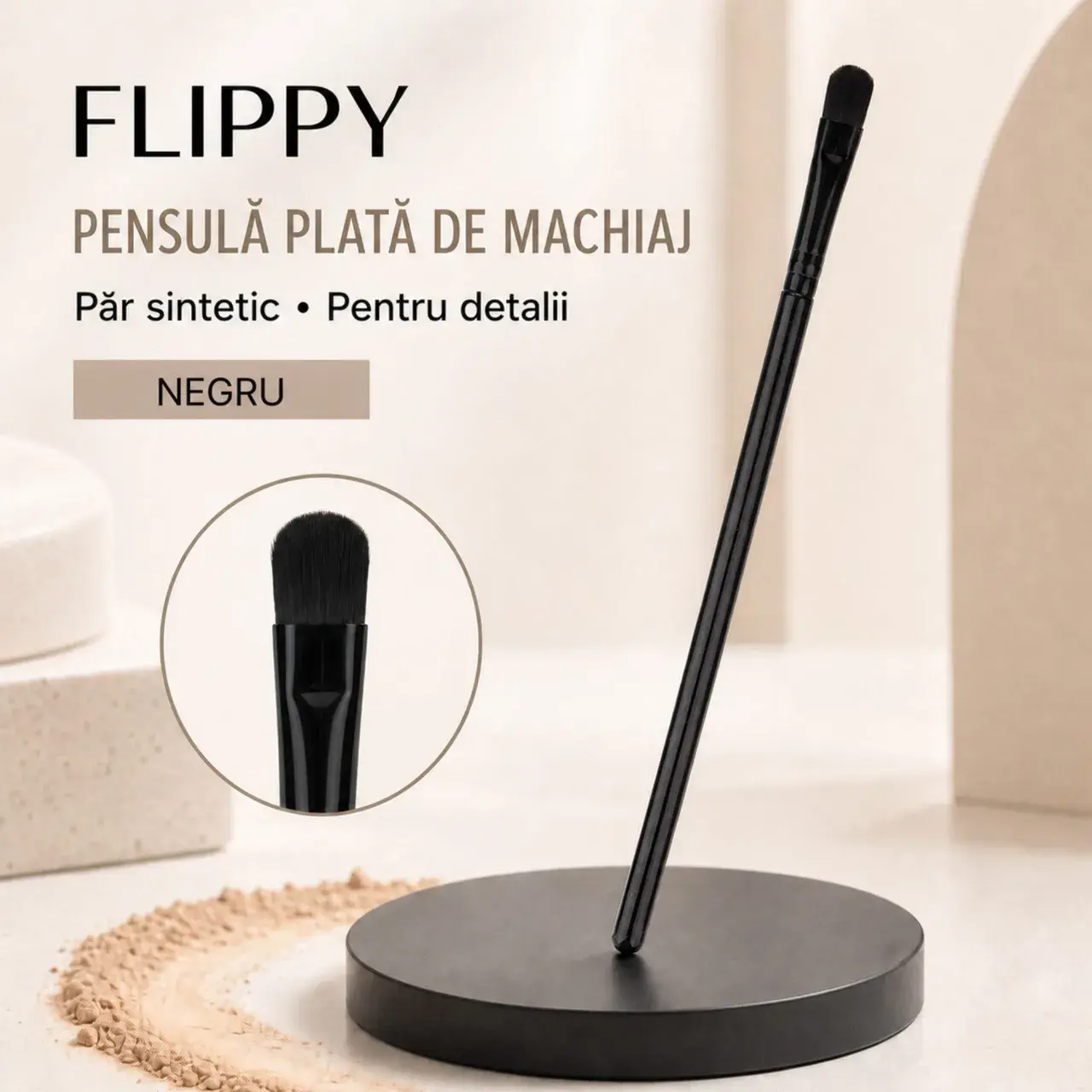 Pensula Plata de Machiaj, din Par Sintetic, pentru Detalii, 16 cm, Negru (2)
