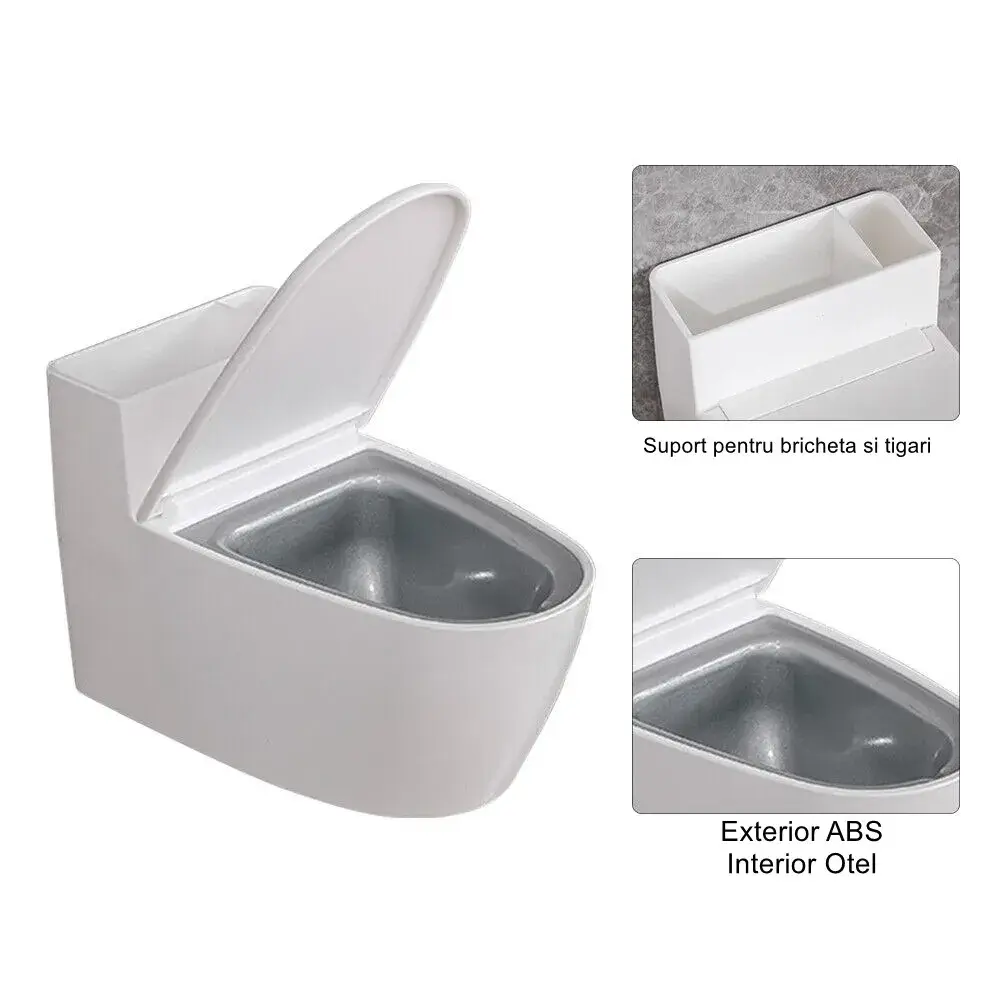 Scrumiera creativa, Forma de Toaleta, Capac Alb, Material ABS si Otel Inoxidabil, 12.5 x 9.8 x 8.4 cm, Fixare prin Lipire sau De Sine Statator, pentru Baie, Camera, Bucatarie, Balcon, Alb (2)
