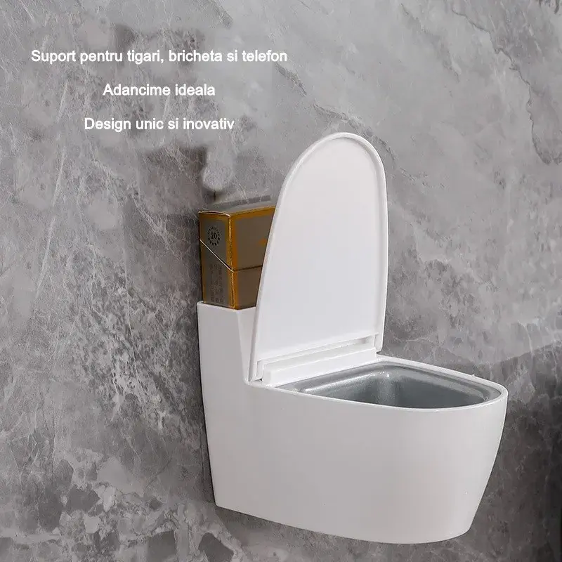 Scrumiera creativa, Forma de Toaleta, Capac Alb, Material ABS si Otel Inoxidabil, 12.5 x 9.8 x 8.4 cm, Fixare prin Lipire sau De Sine Statator, pentru Baie, Camera, Bucatarie, Balcon, Alb (5)