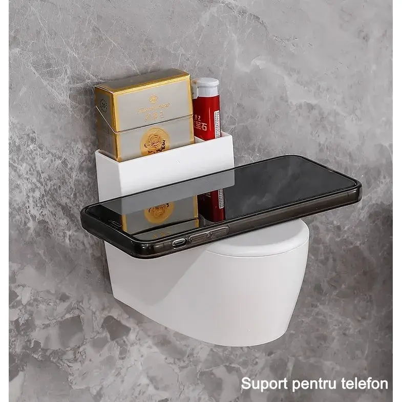 Scrumiera creativa, Forma de Toaleta, Capac Alb, Material ABS si Otel Inoxidabil, 12.5 x 9.8 x 8.4 cm, Fixare prin Lipire sau De Sine Statator, pentru Baie, Camera, Bucatarie, Balcon, Alb (6)