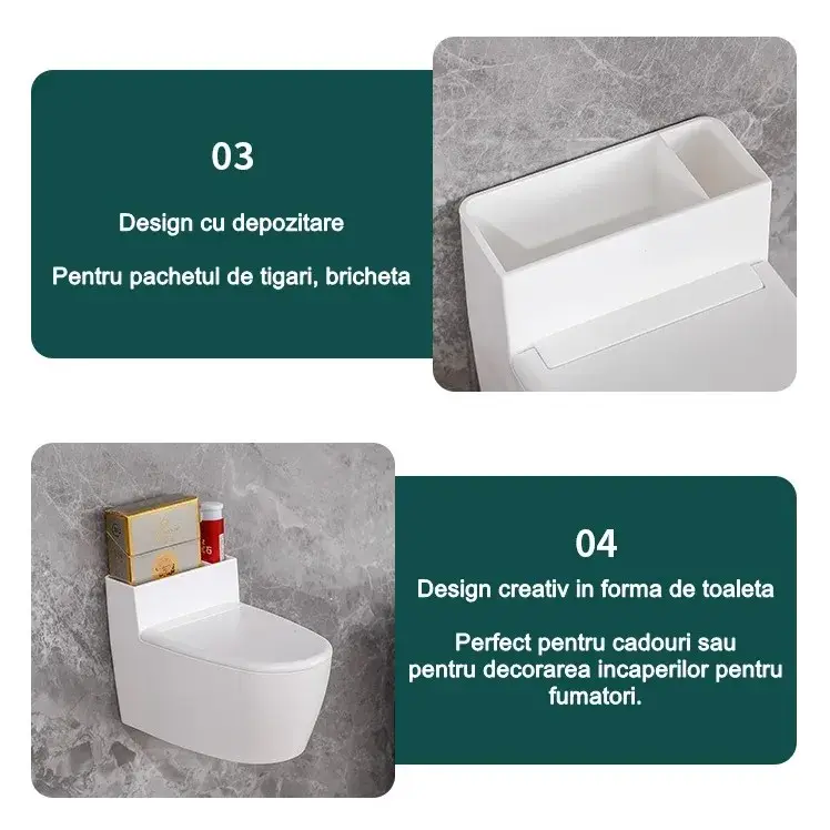 Scrumiera creativa, Forma de Toaleta, Capac Alb, Material ABS si Otel Inoxidabil, 12.5 x 9.8 x 8.4 cm, Fixare prin Lipire sau De Sine Statator, pentru Baie, Camera, Bucatarie, Balcon, Alb (7)