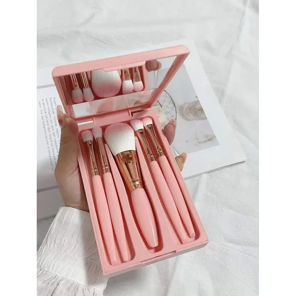 Set 5 Pensule de Machiaj cu Peri Moi, cu Suport pentru Depozitare si Oglinda, Roz (3)