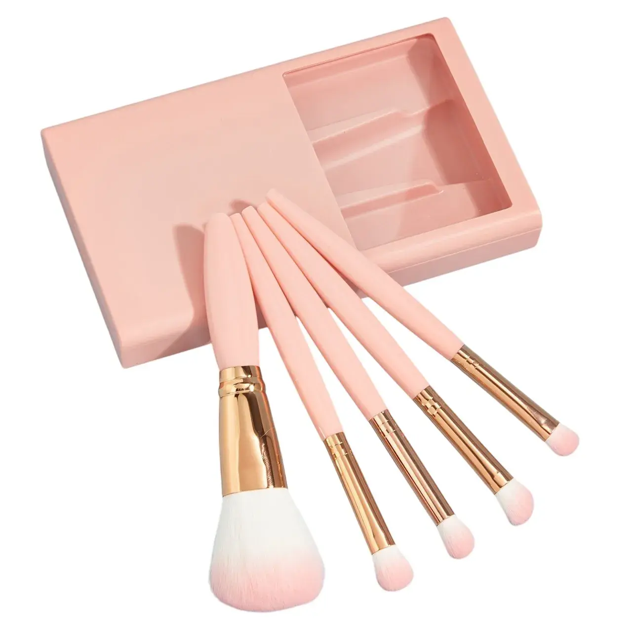 Set 5 Pensule de Machiaj cu Peri Moi, cu Suport pentru Depozitare si Oglinda, Roz (4)