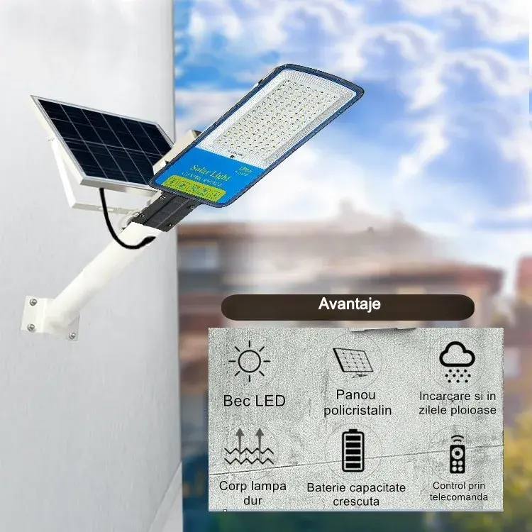 Lampa solara stradala, IP66, senzor de lumina, 120 LED-uri SMD, 1800 lm, panou 20W, putere 100W, autonomie 12-16 ore, telecomanda, montare prin fixare, pentru strada sau gradina, finisaj mat, material ABS, 49 x 21 x 5.5 cm, gri (2)