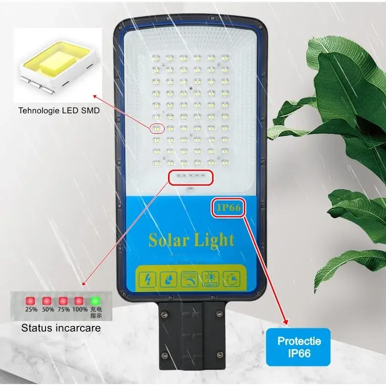 Lampa solara stradala, IP66, senzor de lumina, 120 LED-uri SMD, 1800 lm, panou 20W, putere 100W, autonomie 12-16 ore, telecomanda, montare prin fixare, pentru strada sau gradina, finisaj mat, material ABS, 49 x 21 x 5.5 cm, gri (3)
