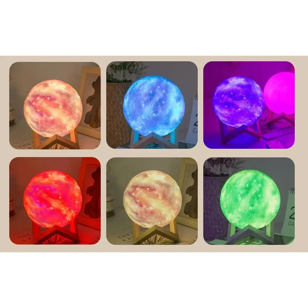 Lampa de veghe in forma de luna cu stele 3D Moon Light 7 culori, alimentare baterii, stand din lemn inclus, 15 cm (4)