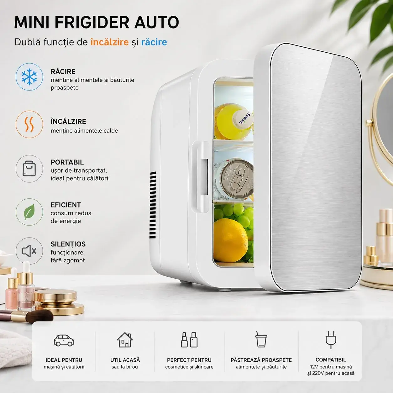 Mini Frigider pentru Auto / Cosmetice, Dubla Functie de Incalzire Racire, Portabil, Exterior 28 x 26 x 19 cm / Interior 24 x 20 x 15 cm, Volum 8 L, Gri/Alb (2)