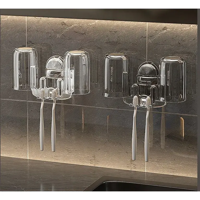 Suport Multifunctional Dublu, Pahar si Suport pentru Periuta de Dinti, Plastic, 11 cm x 11.5 cm, Transparent (2)