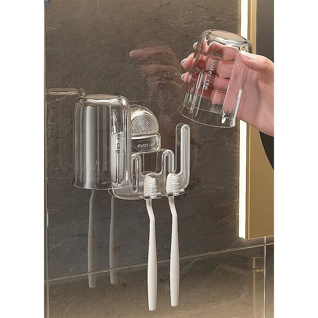 Suport Multifunctional Dublu, Pahar si Suport pentru Periuta de Dinti, Plastic, 11 cm x 11.5 cm, Transparent (3)