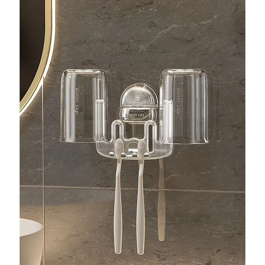 Suport Multifunctional Dublu, Pahar si Suport pentru Periuta de Dinti, Plastic, 11 cm x 11.5 cm, Transparent (6)
