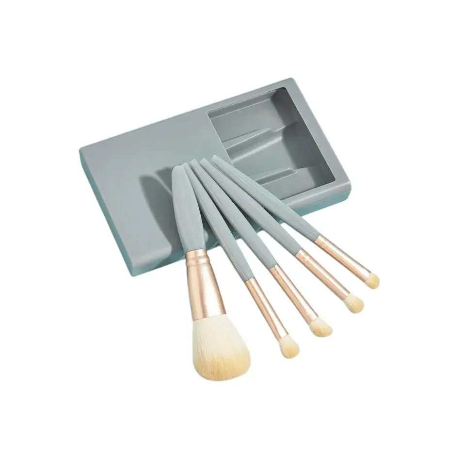Set 5 Pensule de Machiaj cu Peri Moi, cu Suport pentru Depozitare si Oglinda inclusa, Albastru