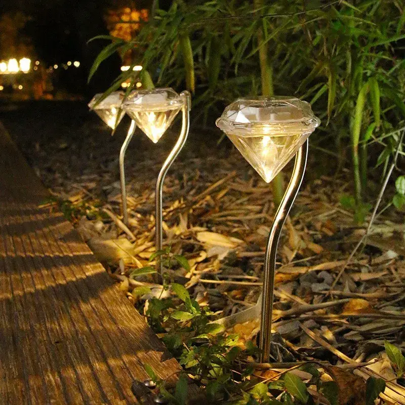 Lampa solara LED pentru Gradina, Set 4 Bucati, Tip Diamant, Inaltime 30 x 9 cm, 2V, ABS, 600mAh, Lumina Alb Calda, Argintiu