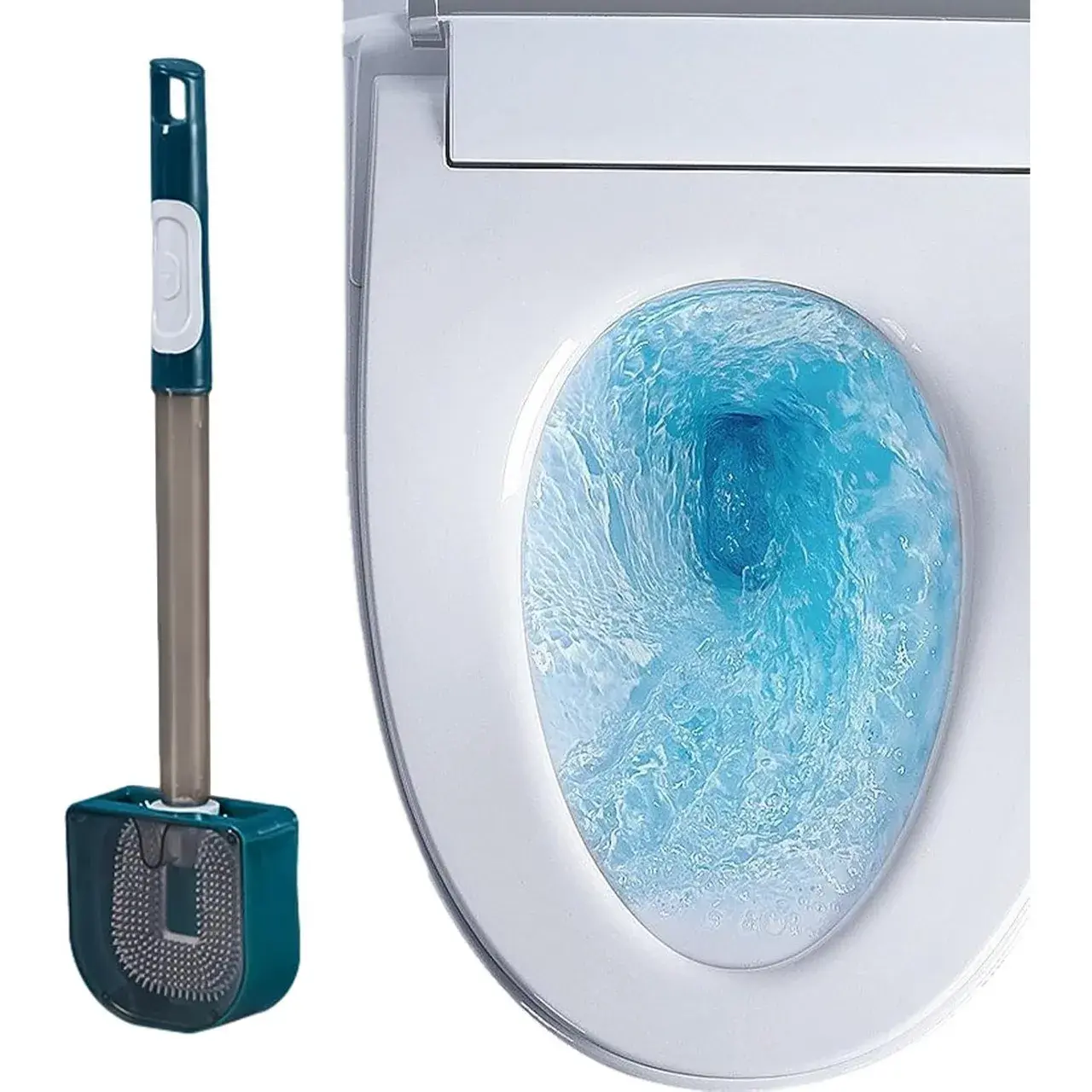 Perie de Toaleta, cu Recipient pentru Detergent, din Plastic+TPR, Montare fara Perforare, 40 x 9 cm, Verde (2)