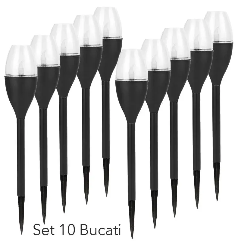 Lampa solara LED pentru gradina, Set 10 Bucati, Tip Pahar de Vin, Inaltime 37.5 cm, efect de flacara, PVC si ABS, 2V, 200mAh, Lumina Multicolora, Negru (3)