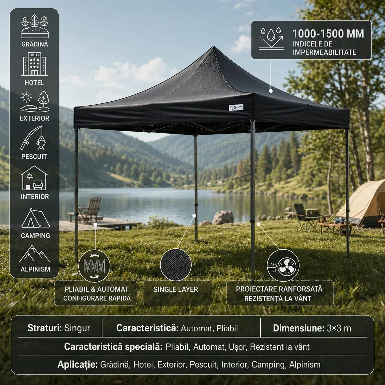 Cort Pavilion Pliabil 3x3m, Cadru Metal Pliabil Ranforsat, Inele pentru Ancorare, Polyester Oxford 420D 185 g/m, pentru Curte, Gradina, Evenimente, Negru (4)