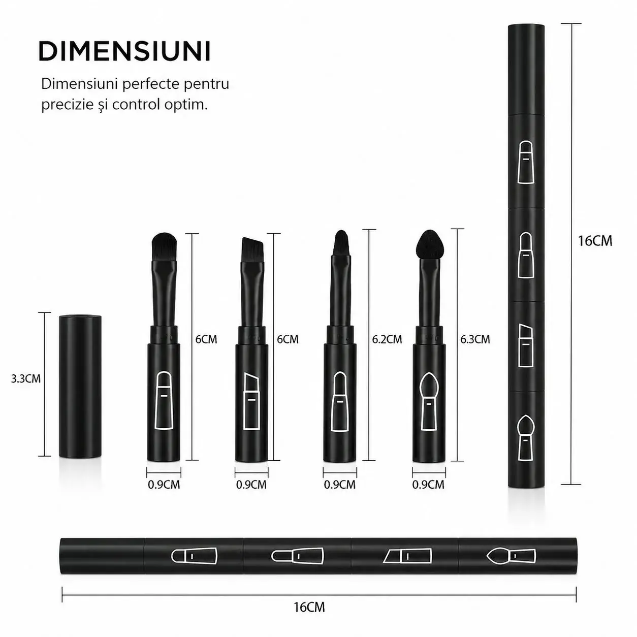 Set Pensule de Machiaj 4in1, pentru Fard, Sprancene si Buze, 16 cm, din Plastic, Negru (2)