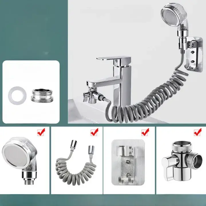 Set Extensie de Dus, pentru Baterie Baie sau Bucatarie, 4 Piese, Filtru de Ioni Negativi, Furtun Flexibil de 1.5 Metri, Argintiu (5)