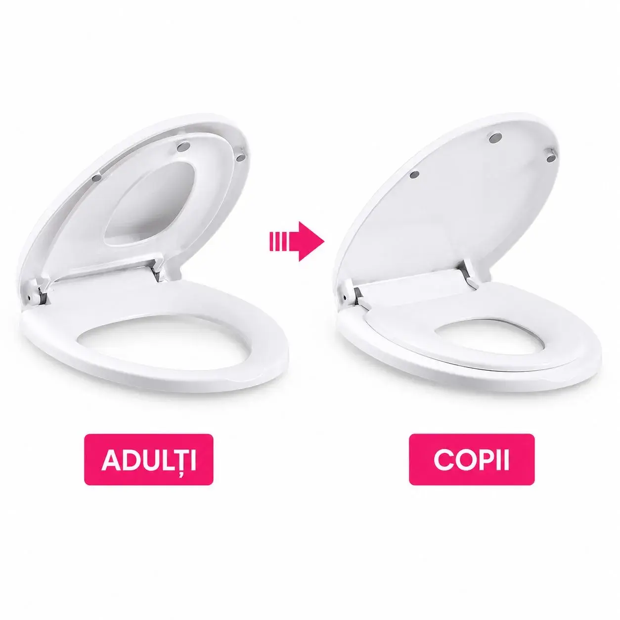 Capac de Toaleta cu Reductie 2 in 1, pentru Copii si Adulti, Coborare Lenta si Silentioasa, Instalare Usoara, din PP5, in Forma de U Patrat, Alb (2)