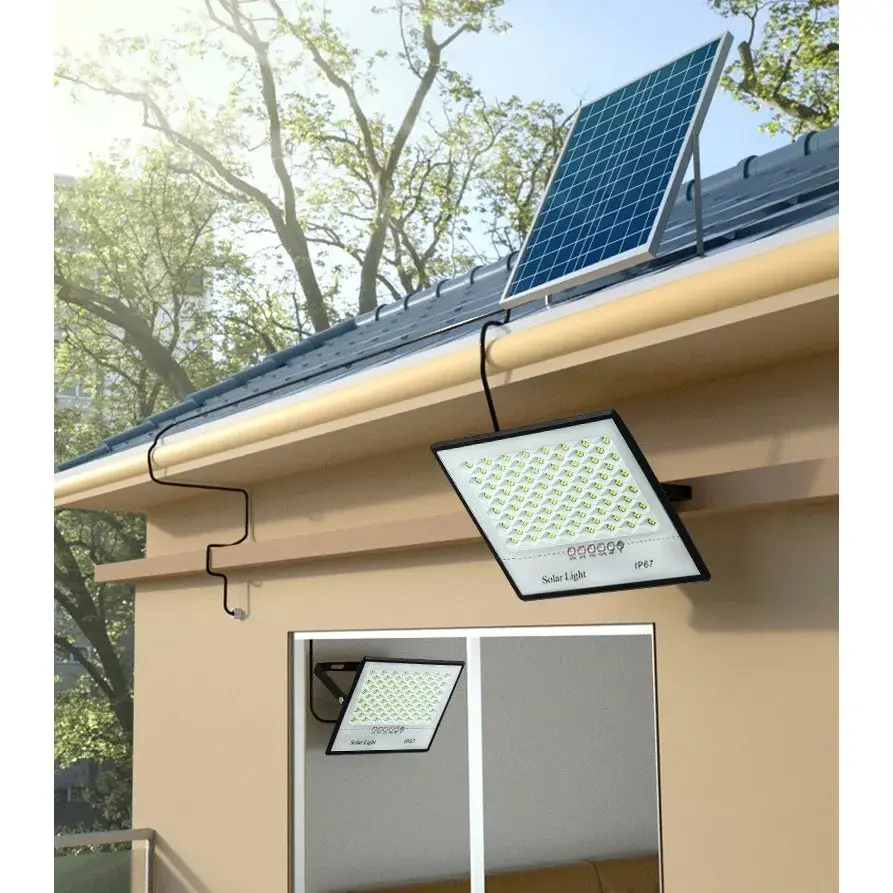 Set 2 proiectoare LED cu Panou Solar, Telecomanda, Waterproof, 200 LED-uri incorporate, 65W, 24x18 cm, IP67, Design Modern, Negru (2)