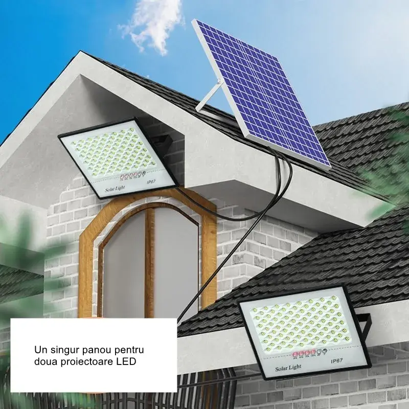 Set 2 proiectoare LED cu Panou Solar, Telecomanda, Waterproof, 200 LED-uri incorporate, 65W, 24x18 cm, IP67, Design Modern, Negru (4)