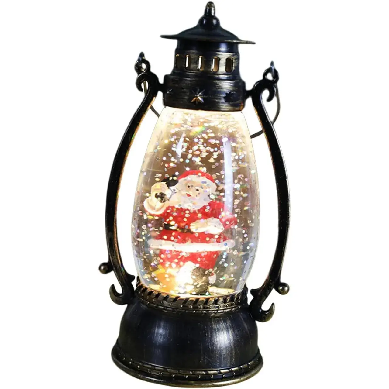 Decoratiune Luminoasa, Felinar de Craciun, cu Lumina LED, Ornament Model Lampa cu Ulei Mos Craciun, cu Maner, 14x7x6 cm, Negru
