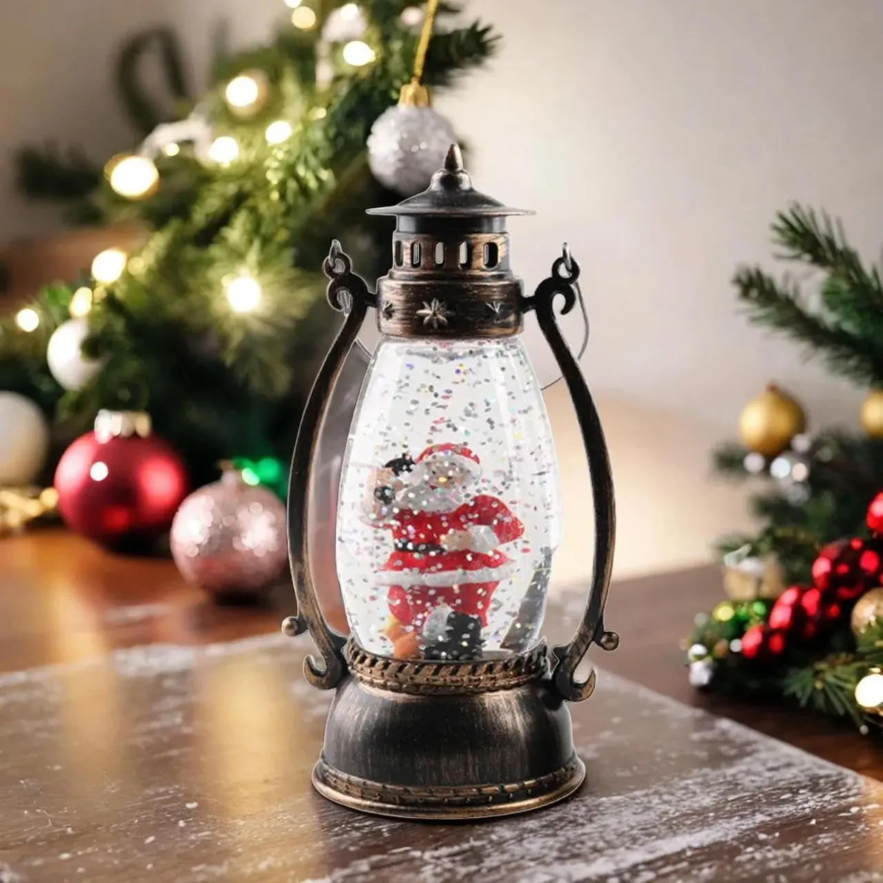 Decoratiune Luminoasa, Felinar de Craciun, cu Lumina LED, Ornament Model Lampa cu Ulei Mos Craciun, cu Maner, 14x7x6 cm, Negru (2)