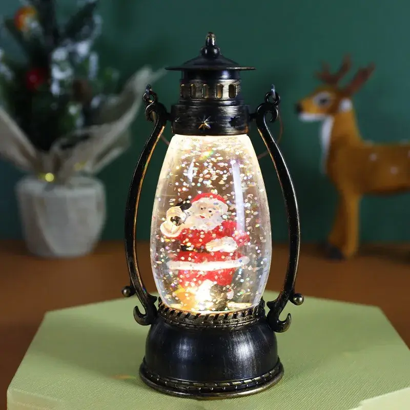 Decoratiune Luminoasa, Felinar de Craciun, cu Lumina LED, Ornament Model Lampa cu Ulei Mos Craciun, cu Maner, 14x7x6 cm, Negru (3)