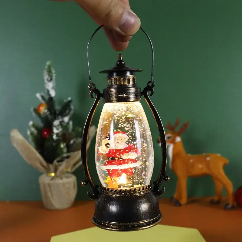 Decoratiune Luminoasa, Felinar de Craciun, cu Lumina LED, Ornament Model Lampa cu Ulei Mos Craciun, cu Maner, 14x7x6 cm, Negru (5)