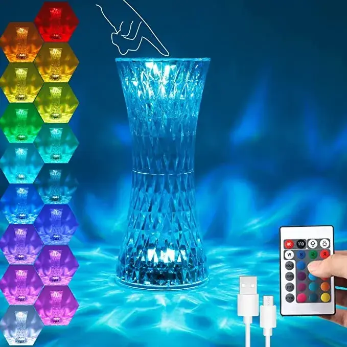Lampa de birou pe LED RGB 16, dimmer tactil, 3 nivele de intensitate, incarcare USB, 3W, Cristal Acrilic, 8x19 cm, cu telecomanda, forma vaza, model 2, transparent (5)
