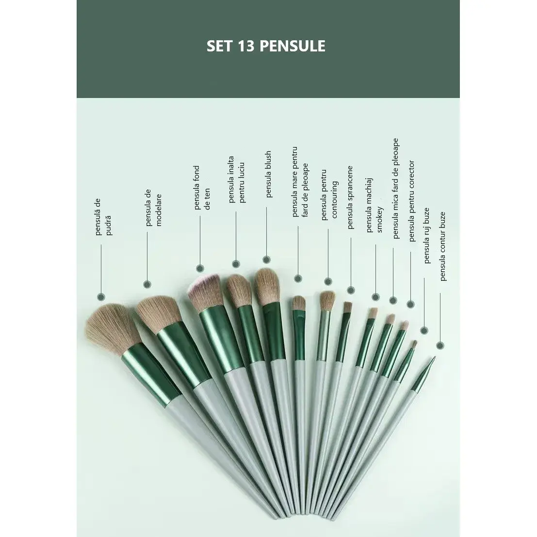 Set 13 pensule pentru machiaj, super soft, makeup profesional/incepatori, verde (7)