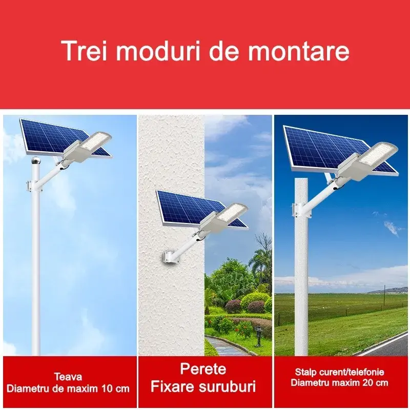 Lampa solara pentru strada sau gradina, IP65, senzor de lumina, 100 LED-uri SMD, 3150 lm, 500W autonomie 12-16 ore, telecomanda, montare prin fixare, pentru strada sau gradina, finisaj mat, material ABS, 51.5 x 21 x 7.5, lumina alb rece, gri (7)