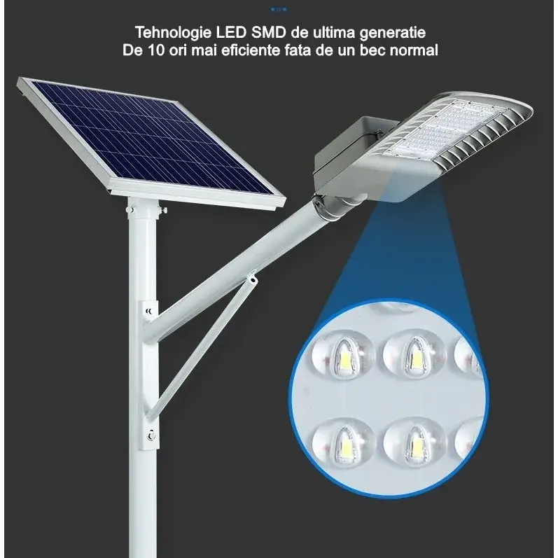 Lampa solara pentru strada sau gradina, IP65, senzor de lumina, 100 LED-uri SMD, 3150 lm, 500W autonomie 12-16 ore, telecomanda, montare prin fixare, pentru strada sau gradina, finisaj mat, material ABS, 51.5 x 21 x 7.5, lumina alb rece, gri (8)