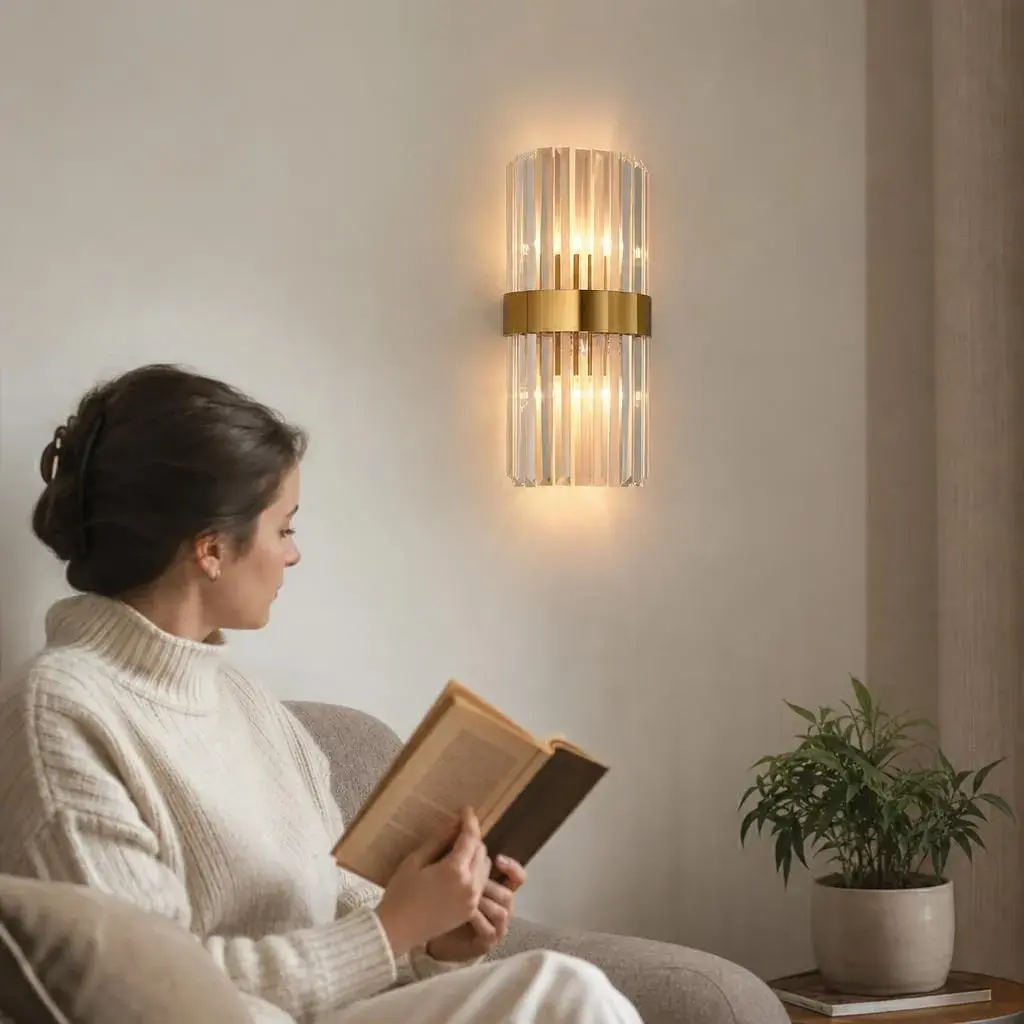 Lampa de Perete in Interior, Lampa de Lux pentru Decor de Interior, Corp de Iluminat Tip aplica, din Inox Auriu si Cristal, Lumina Calda Rece Neutra, 35 x 18 cm, Ideal pentru Camere Mici si Medii, Transparent Auriu (3)