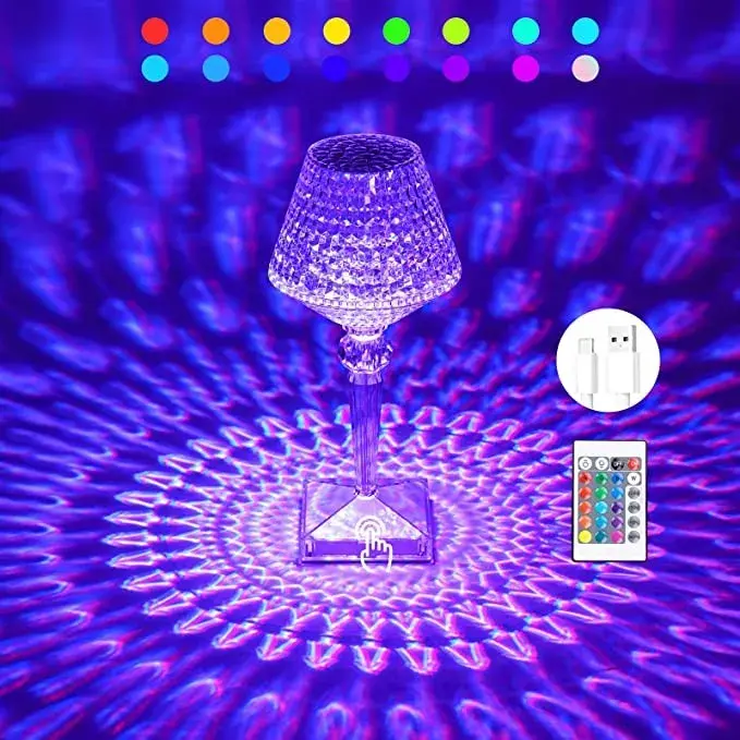 Lampa de birou pe LED RGB 16, dimmer tactil, 3 nivele de intensitate, incarcare USB, 3W, Cristal Acrilic, cu telecomanda, forma pahar, transparent (6)