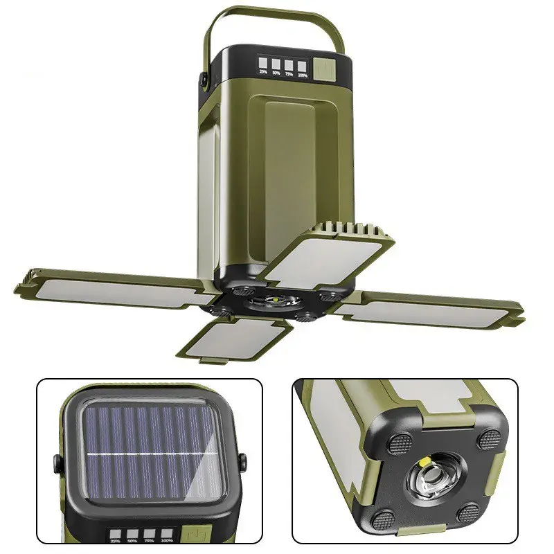 Lampa pentru Camping, Lampa LED, Reincarcabila Solar si cablu TYPE-C, Tip Felinar 4 Laturi si Lanterna in Baza, Impermeabila, 12.5 x 7 x 7 cm, Verde (3)