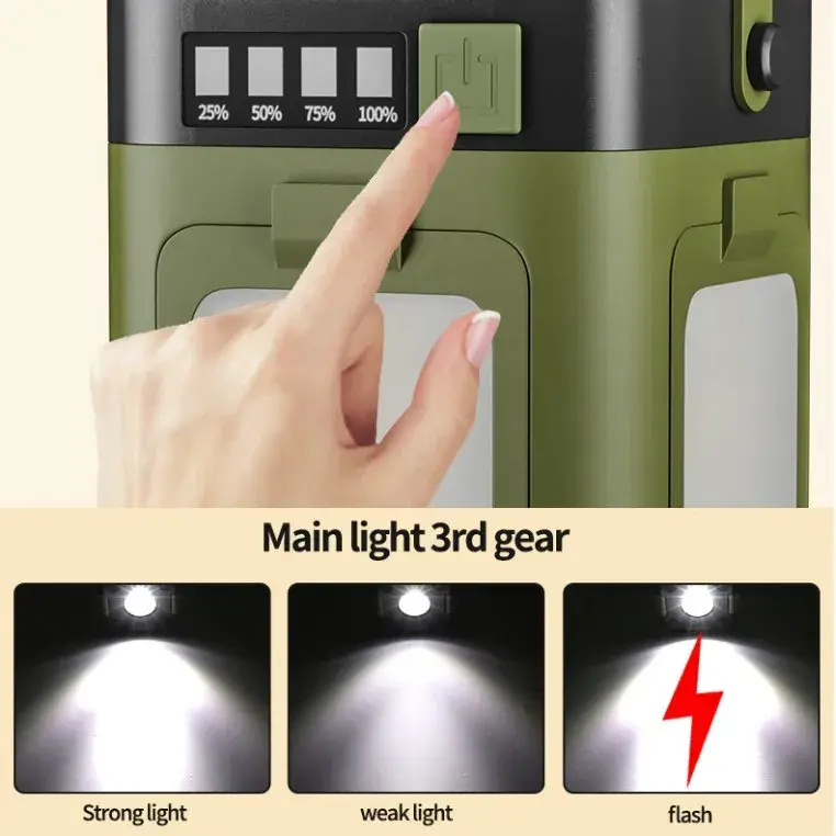 Lampa pentru Camping, Lampa LED, Reincarcabila Solar si cablu TYPE-C, Tip Felinar 4 Laturi si Lanterna in Baza, Impermeabila, 12.5 x 7 x 7 cm, Verde (7)