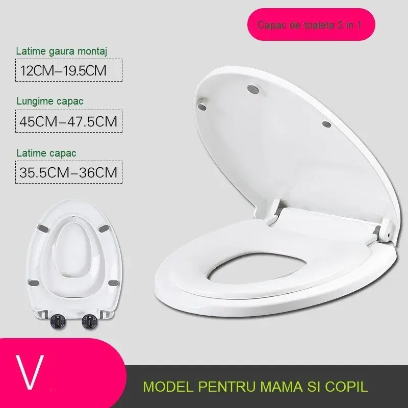 Capac de Toaleta cu Reductie 2 in 1, pentru Copii si Adulti, Coborare Lenta si Silentioasa, Instalare Usoara, din PP5, in Forma de V, Alb (3)