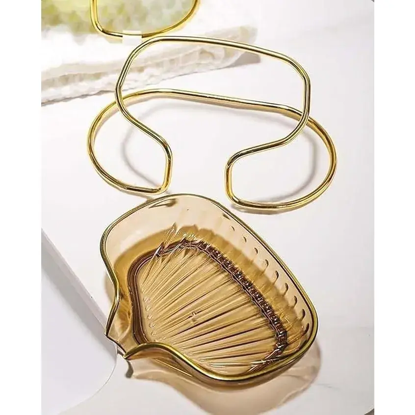 Savonieră cu Suport, Sistem de Scurgere a Apei, Design Elegant cu Margine Aurie, Suport Metalic Inclus, 14 x 8.5 x 9 cm, Auriu (2)