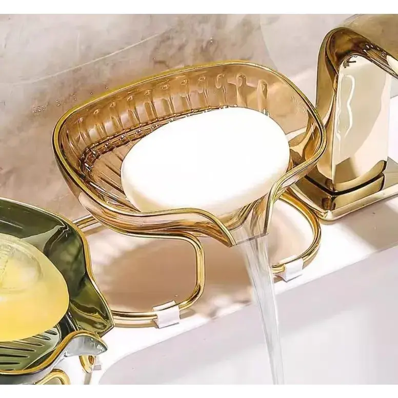 Savonieră cu Suport, Sistem de Scurgere a Apei, Design Elegant cu Margine Aurie, Suport Metalic Inclus, 14 x 8.5 x 9 cm, Auriu (3)