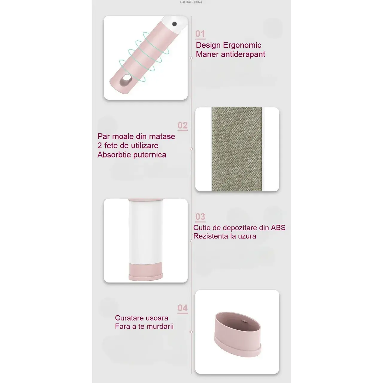 Perie Electrostatica, Pentru Curatarea Parului/Scamelor de pe Haine si Tapiterii, 2 Fete, Autocuratare, 31 x 8.5 cm, Roz (6)