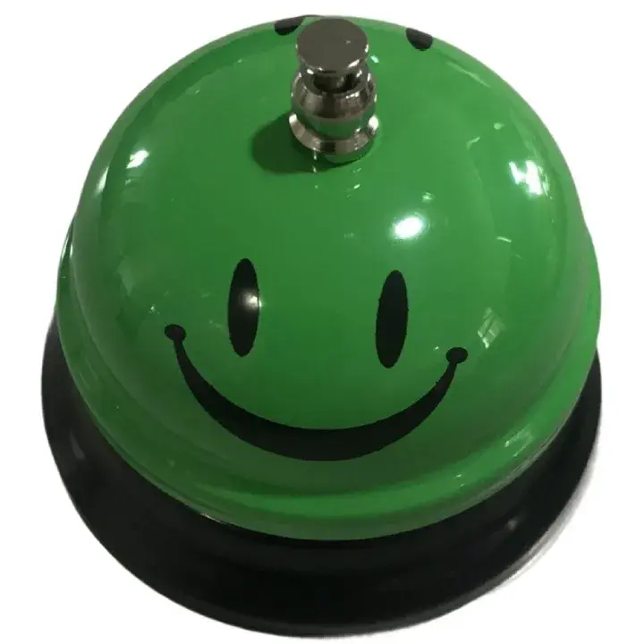 Clopotel Metalic Multifunctional, Verde cu Imprimeu Smiley Face, 7.5x7.5x6.5 cm, Receptie, Restaurant, Cafenele