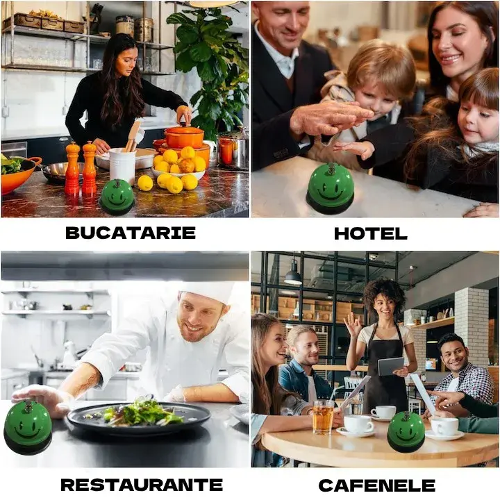 Clopotel Metalic Multifunctional, Verde cu Imprimeu Smiley Face, 7.5x7.5x6.5 cm, Receptie, Restaurant, Cafenele (2)