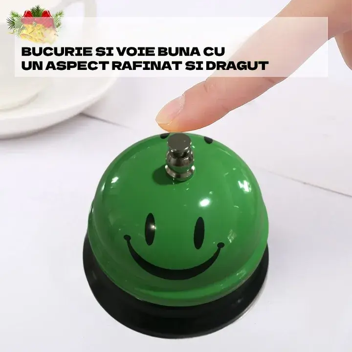 Clopotel Metalic Multifunctional, Verde cu Imprimeu Smiley Face, 7.5x7.5x6.5 cm, Receptie, Restaurant, Cafenele (3)