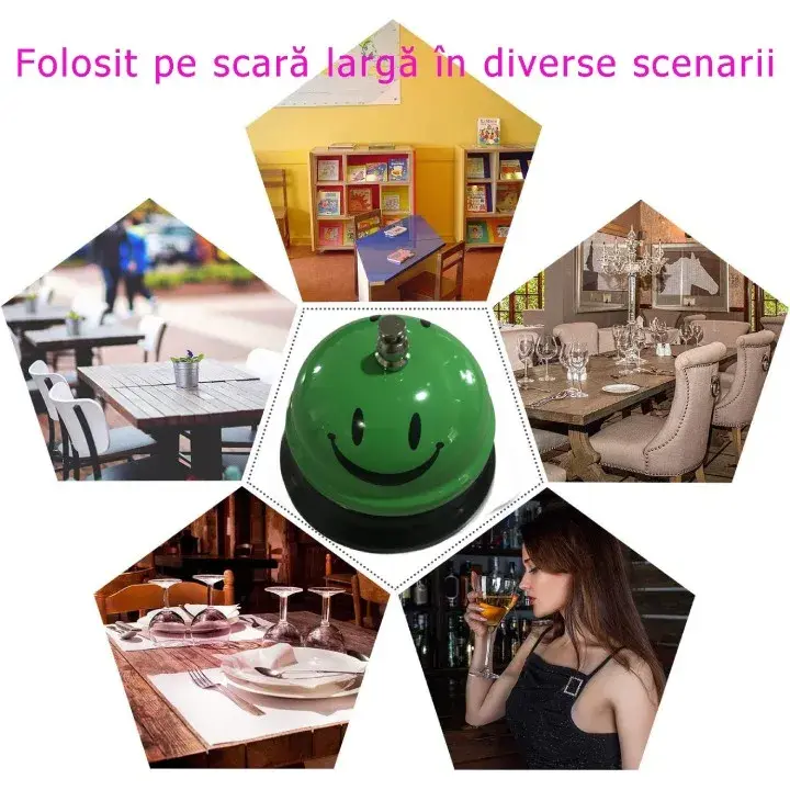 Clopotel Metalic Multifunctional, Verde cu Imprimeu Smiley Face, 7.5x7.5x6.5 cm, Receptie, Restaurant, Cafenele (5)