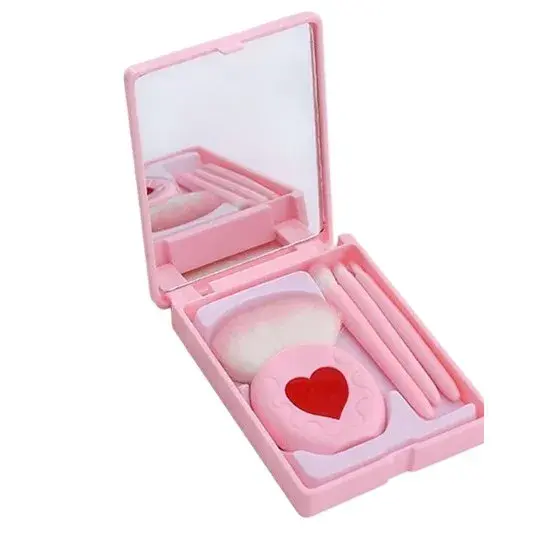 Set 4 Mini Pensule de Machiaj, Portabile, in Carcasa cu Oglinda, din Par Sintetic Moale, Model cu Inima, 12x7x2.5 cm, Roz (5)