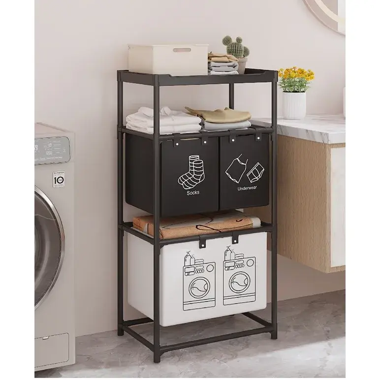 Cos de Rufe, 3 Rafturi, 3 Cosuri, Cadru de Otel Inoxidabil, 123x28x57 cm, Negru (6)