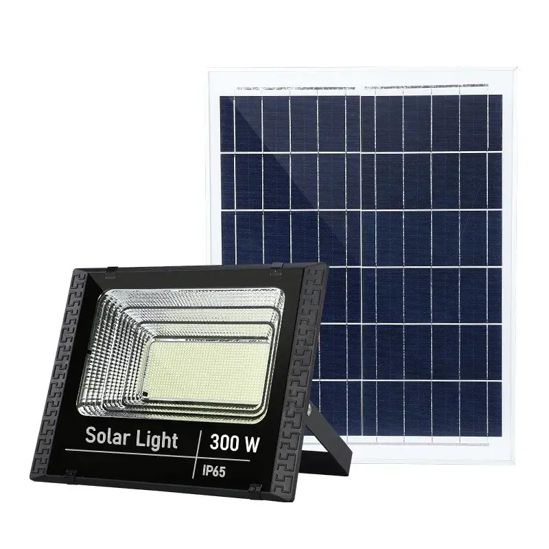 Proiector LED SMD 300W cu incarcare solara, panou solar, cu telecomanda, suport prindere, material ABS, 15AH, 400 LED-uri, temperatura culoare 6500k, 32x26x9 cm, negru