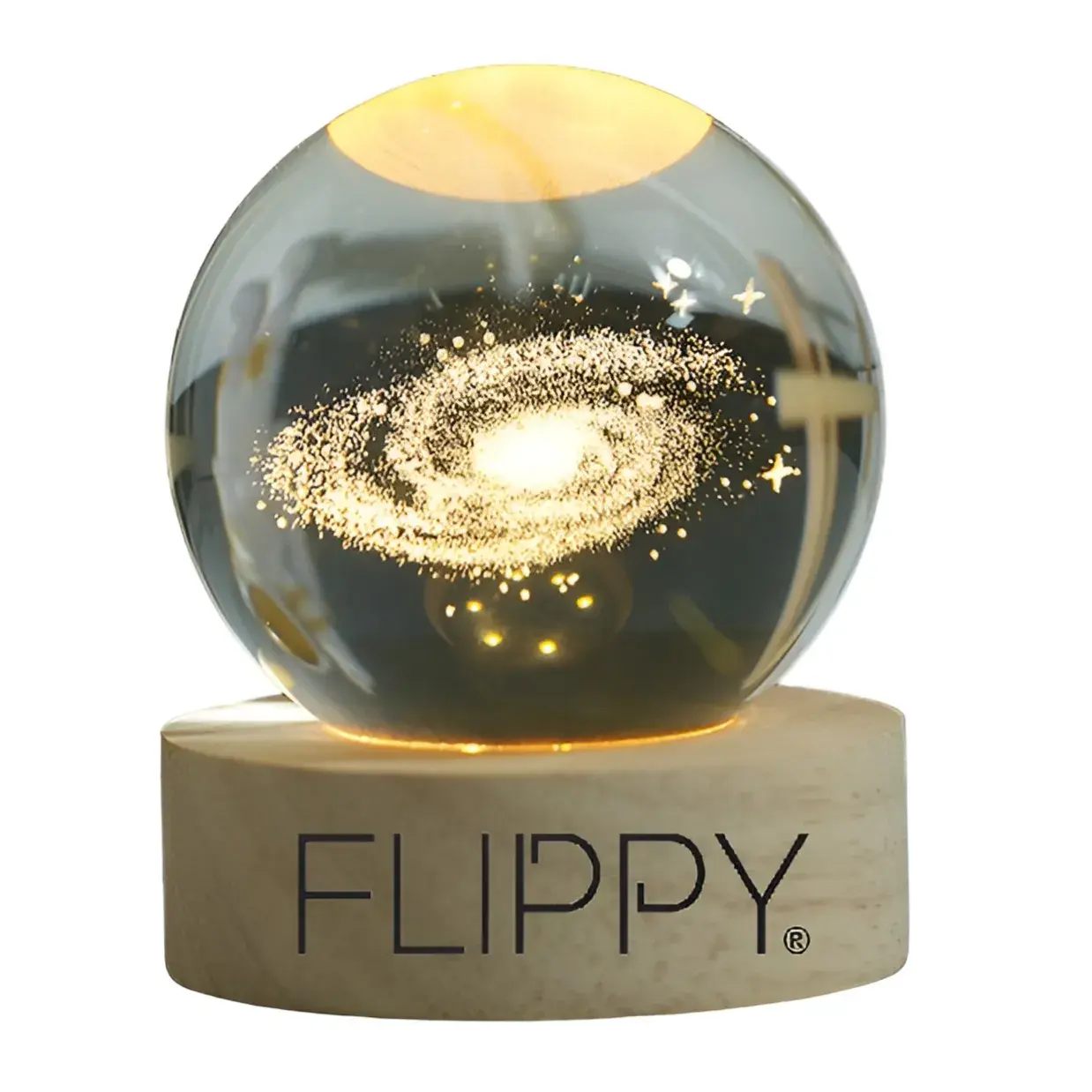 Lampa LED Decorativa, cu Bila de Cristal cu Diametru 6cm, Model Galaxie 3D, Alimentare USB, Suport din Lemn, Lumina Alb Cald
