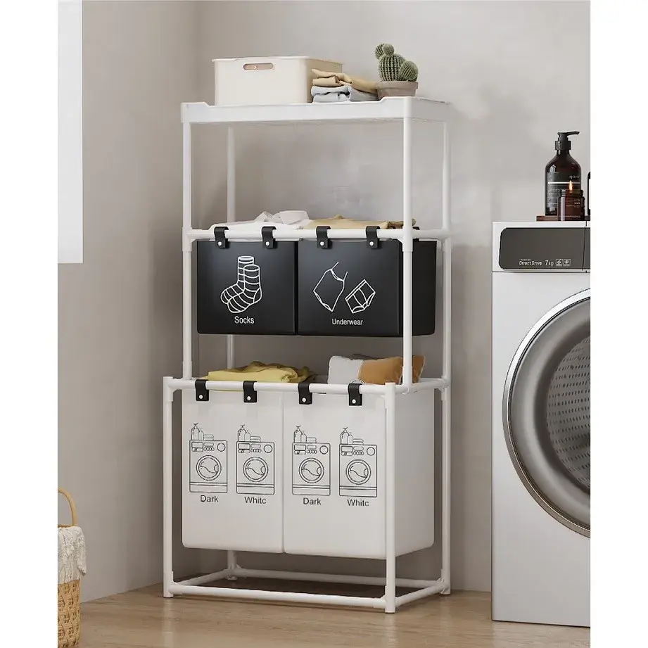 Cos de Rufe, 3 Rafturi, 4 Cosuri, Cadru de Otel Inoxidabil, 123x28x57 cm, 123x44x57 cm, Alb (5)
