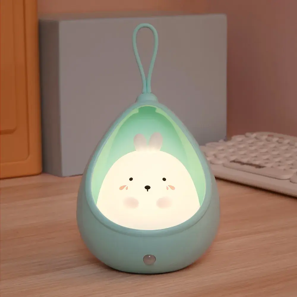 Lampa de veghe portabila cu 2 moduri de functionare, silicon non-toxic, reincarcabila USB, senzor miscare, albastru, iepuras